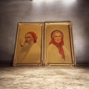 Vintage Old Man & Woman Of Capri Textured Prints Vintage Gold Frames Set 2